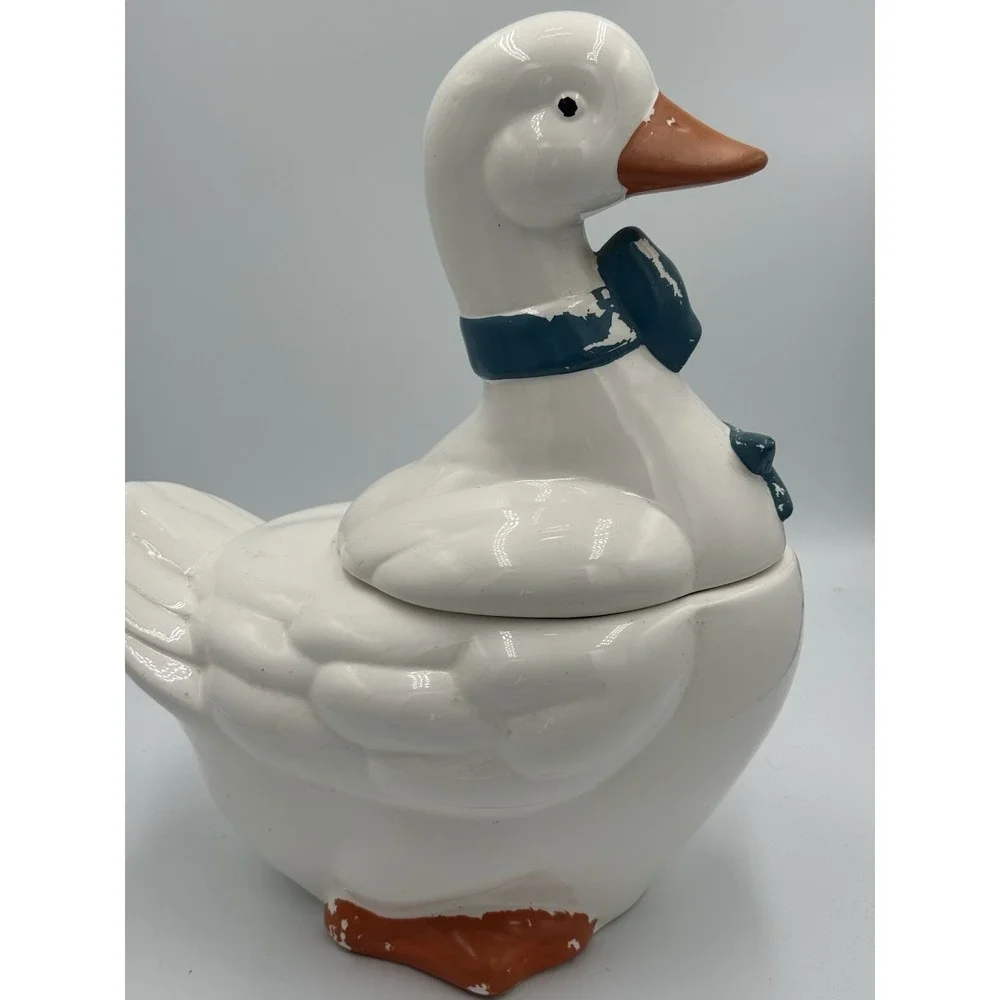 Ceramic Duck Cookie Jar with Blue Bow and Lid, Animal Kitchen Decor